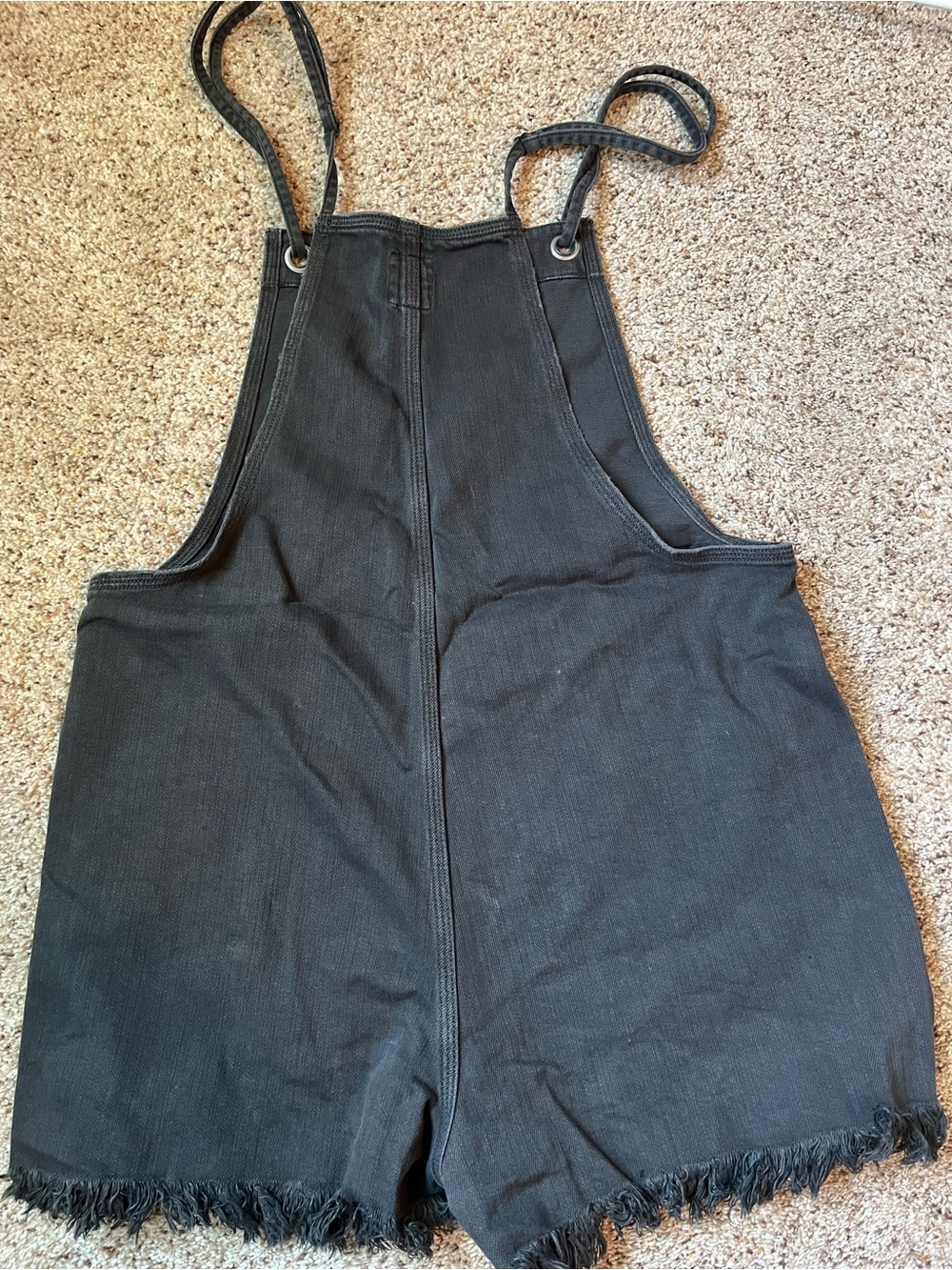 aerie Black Denim Short Overalls Romper